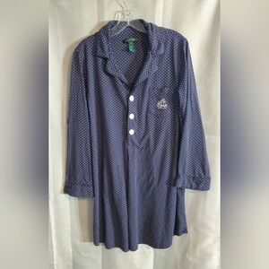 Lauren Ralph Lauren XL Navy Blue Polka Dot Long Sleeve Cotton Nightshirt